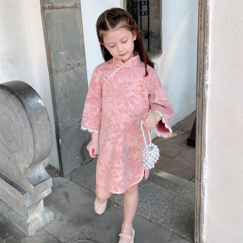 女童鹿皮绒旗袍中国风小女孩儿童连衣裙宽松长袖款24春秋新款