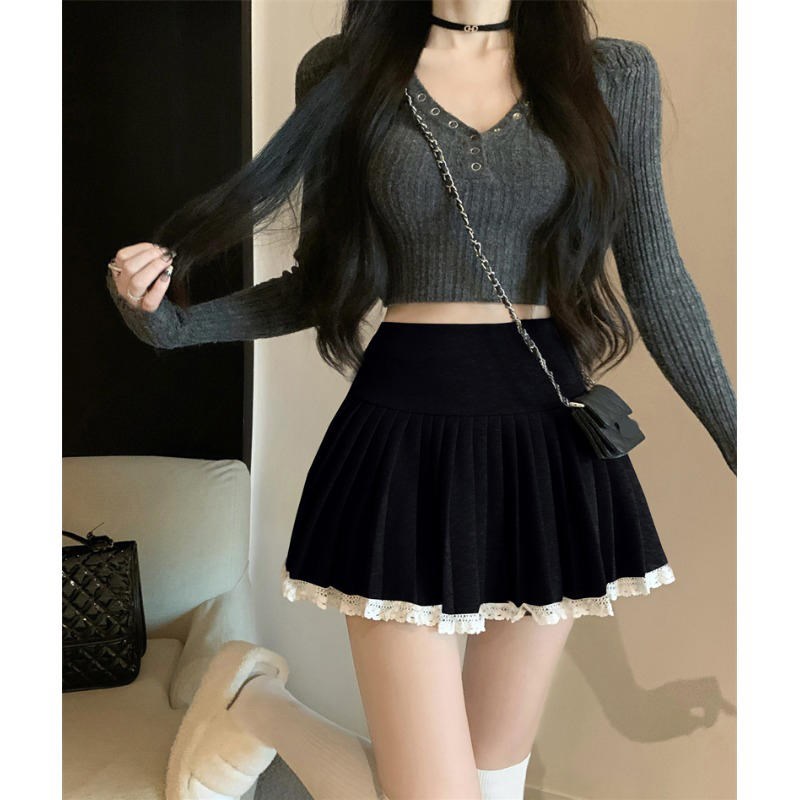 2024年秋冬季修身短款V领针织衫上衣百褶短裙防走光A字半身裙套装