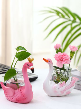 创意绿萝水培插花小摆件可爱天鹅动物办公室书房桌面透明玻璃装饰