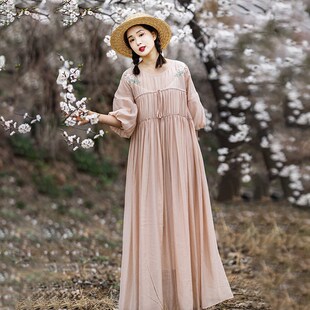 灯笼袖 连衣裙女 新款 粉色长裙仙宽松圆领裙子2024夏季 158元 区