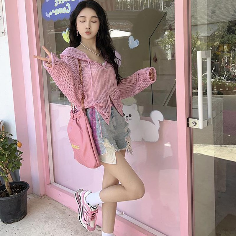 夏季镂空拉链连帽针织开衫女长袖休闲外套薄时尚百搭防晒上衣外搭