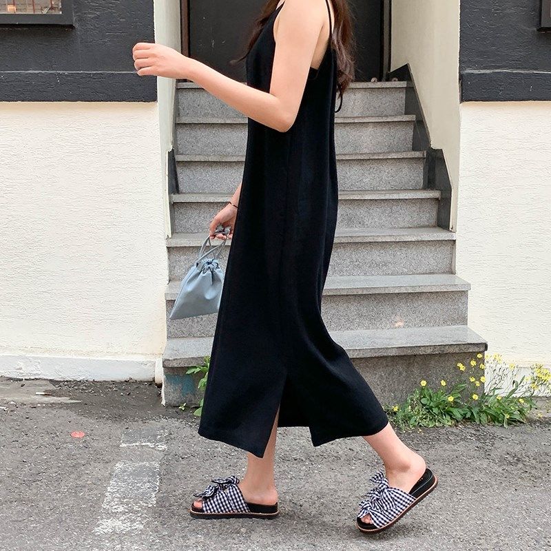 春夏黑色复古方领细肩带内搭吊带背心裙A字宽松中长款连衣裙打底