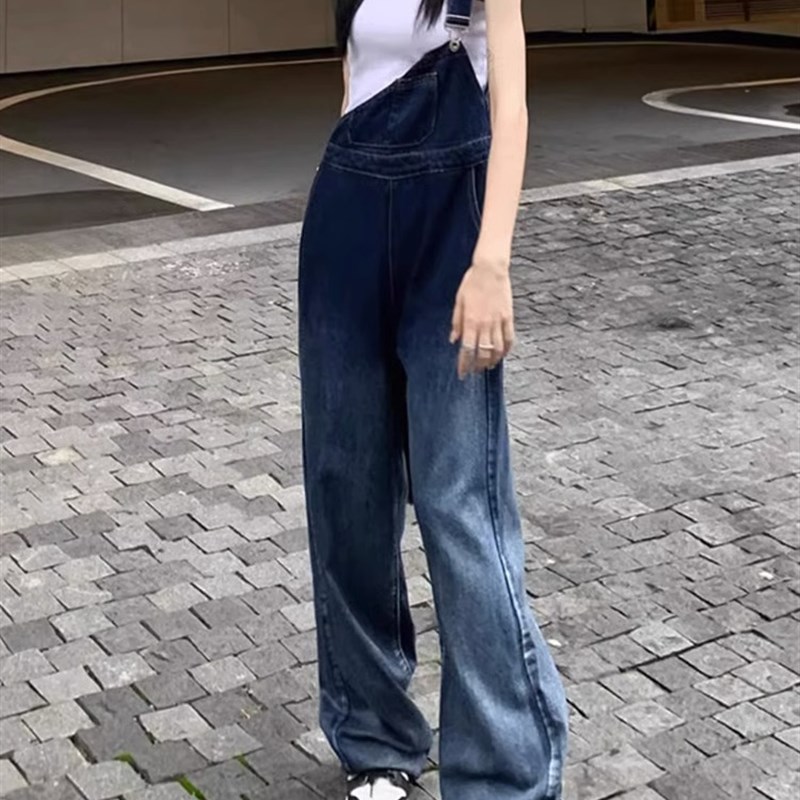 设计感单肩牛仔背带裤女秋季复古高腰显瘦水洗渐变直简阔腿连体裤