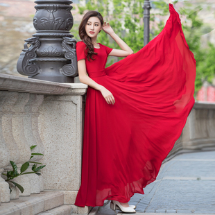 大摆连衣裙度假及踝长裙女沙滩裙 气质显瘦雪纺超长款 2021夏季 新款