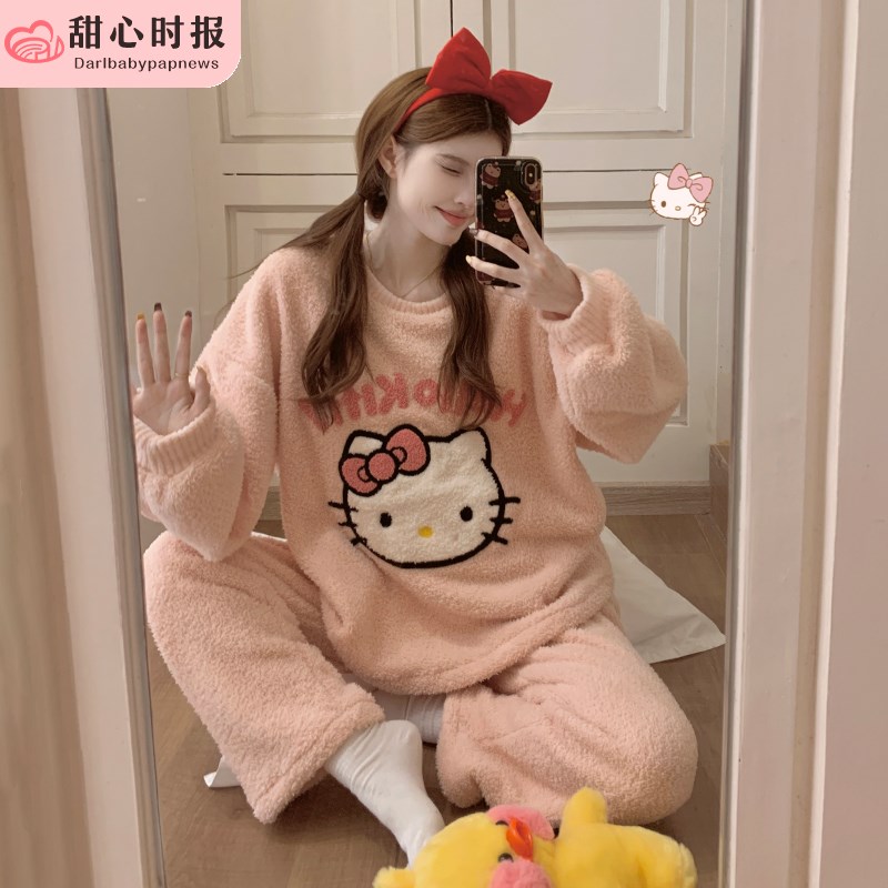 睡衣女款珊瑚绒秋冬季长袖可爱卡通学生套装加厚加绒法兰绒家居服