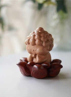 原木小神仙桌面创意摆件办公室车载小佛祖好运莲莲2024新年礼物