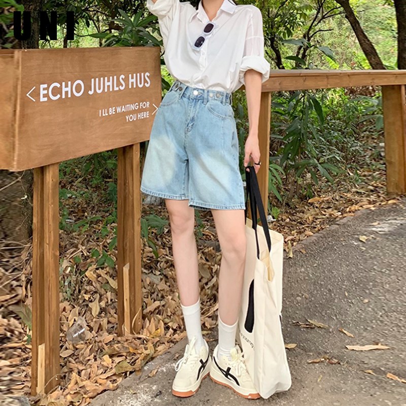 浅蓝色高腰牛仔短裤女夏季薄款胖mm宽松显瘦松紧腰可调节五分裤子