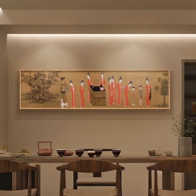 唐代簪花仕女图新中式茶室装饰画美学国画客厅横幅壁画复古风挂画