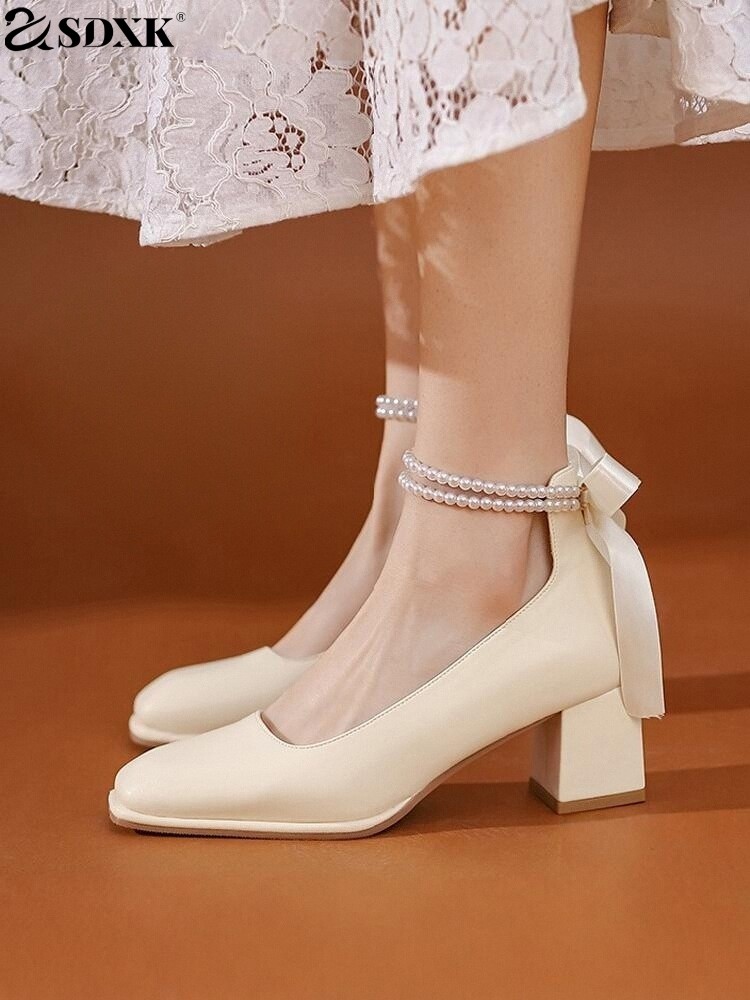SDXK婚鞋高跟鞋2025新款春秋珍珠法式玛丽珍鞋粗跟白色单鞋新娘,女鞋,玛丽珍鞋,淘宝优惠券,粉丝福利购,淘宝优惠卷