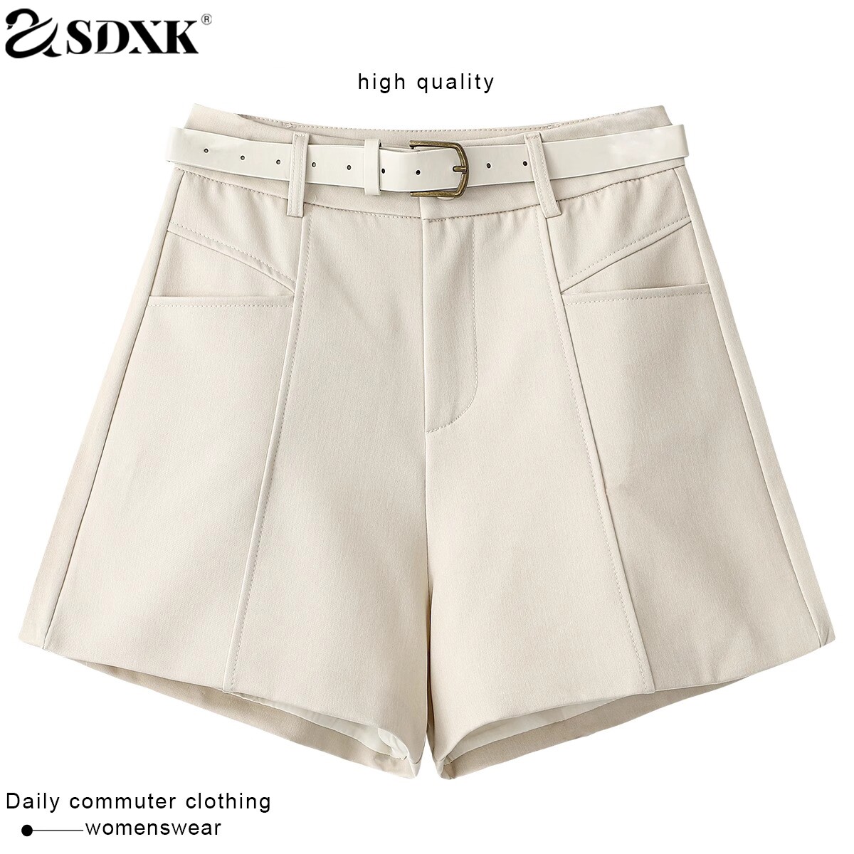 SDXK通勤百搭口袋宽松西装短裤女秋季新款腰带阔腿时尚气质高腰裤