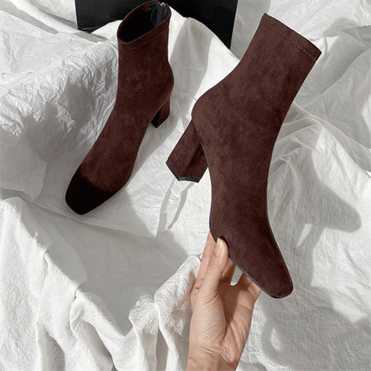 SDXK棕色短靴女冬季新款绒面后拉链法式小踝靴粗跟弹力方头瘦瘦靴