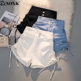 抽绳绑带设计感紧身辣妹热裤 新款 女秋爆款 SDXK白色高腰牛仔短裤