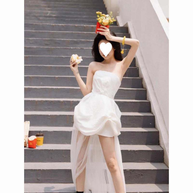 法式白色抹胸轻婚纱气质显瘦宴会生日旅拍迎宾出门纱晚礼服