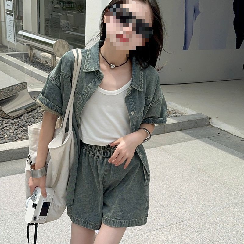 女童牛仔短裤短袖衬衫夏季薄款儿童时髦甜酷套装女孩夏天潮酷穿