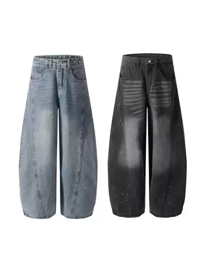 American Retro Washed Distressed Scimitar Jeans for Men and Women Loose Straight Wide Leg Floor-Length Trousers Trendy Brand New Style