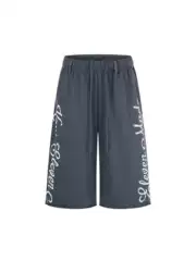 American Retro Letter Print Distressed Capri Pants for Men and Women, Summer Loose Wide-Leg Casual Sports Drawstring Shorts Trendy