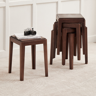 北美黑胡桃木高凳全实木家用方凳客厅简约小凳子卧室化妆凳可叠放
