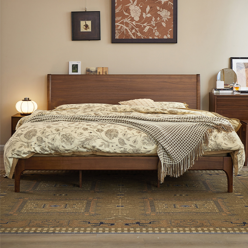北美黑胡桃木实木床家用主卧双人床小户型简约中古风家居1米8大床