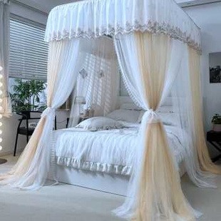 欧式 高档U型导轨蚊帐卧室家用公主风落地三开门加密加厚双层床帘