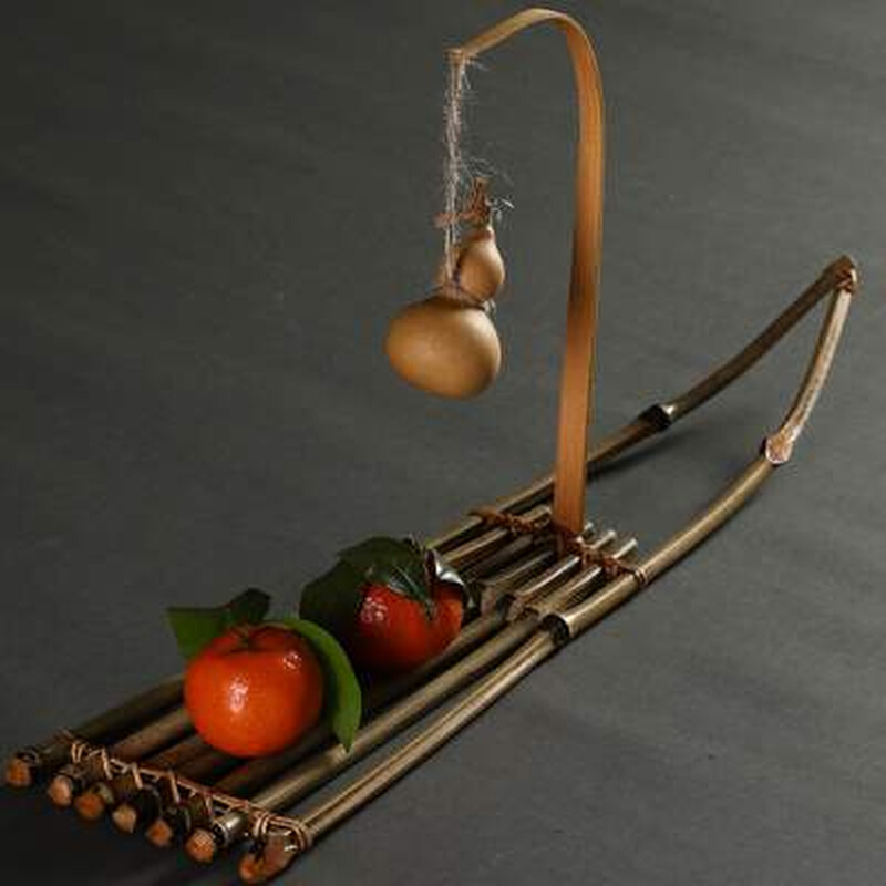 竹工艺品摆件创意小竹排葫芦装饰垫复古手工竹编香炉底座托盘禅意