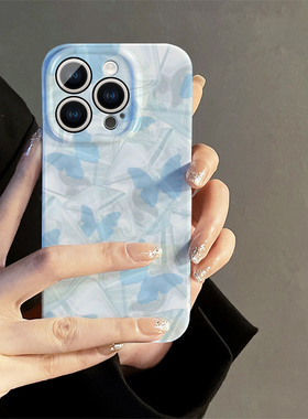 适用于iphone15promax苹果15手机壳11蓝色蝴蝶新款13/14pro的菲林壳xr网红情侣xs高级感12卡通创意个性防摔套