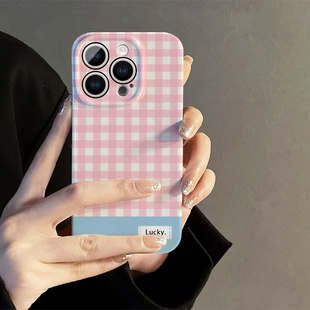 粉蓝撞色格纹适用iphone15promax苹果16新款 14全包mini防摔xr创意13简约小众高级12菲林网红8plus11手机壳女