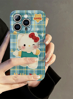 格子kt猫适用iphone15promax苹果14新款13全包mini防摔xr创意白色可爱简约小众高级感12菲林8plus11手机壳女