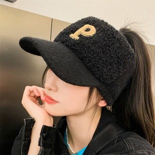 帽子女2025新款秋冬空顶针织帽保暖鸭舌帽可扎马尾冬季毛绒棒球帽