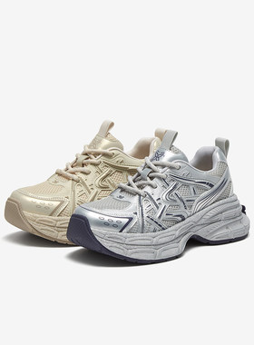 百思图2025春季商场新款厚底银色老爹鞋女运动休闲鞋A1106AM5