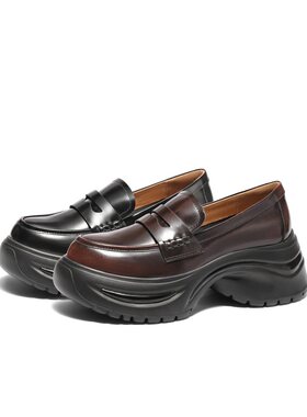 百丽厚底乐福鞋女25春季新款黑色小皮鞋深口单鞋子D2T1DAA5