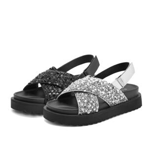 可选2024夏季 两款 新款 妈妈鞋 B1922BL4 百丽厚底银色凉鞋 女鞋 拖鞋