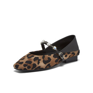 复古浅口方头女单鞋 拼接豹纹玛丽珍鞋 E5519CQ5 新款 百思图2025秋季