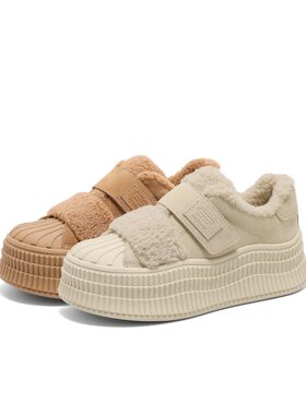 百丽毛毛加绒厚底板鞋女25春新款休闲雪地靴棉鞋D3L1DAM5