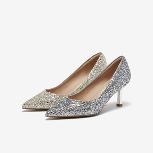 尖头女婚鞋 百思图2025秋商场新款 细高跟鞋 时尚 CU072CQ5 浅口单鞋