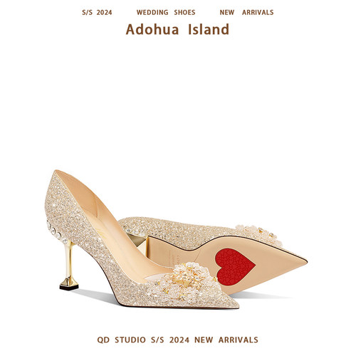 新娘婚鞋禾秀婚纱两穿平时可穿法式水晶鞋金色高跟不累脚结婚鞋女