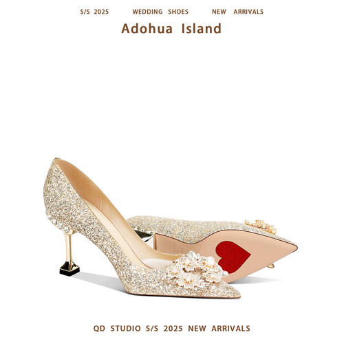 绝美不累脚新娘婚鞋禾秀婚纱两穿平时可穿主婚纱金色小众高跟鞋女