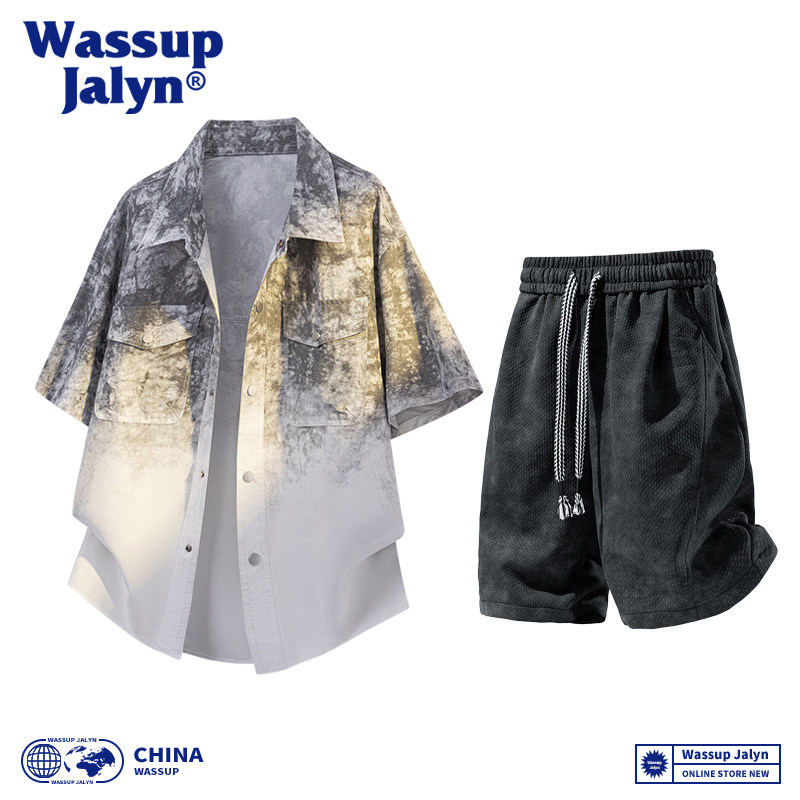 WASSUP JALYN潮牌扎染短袖衬衫套装男款美式夏季渐变衬衣两件套男图片
