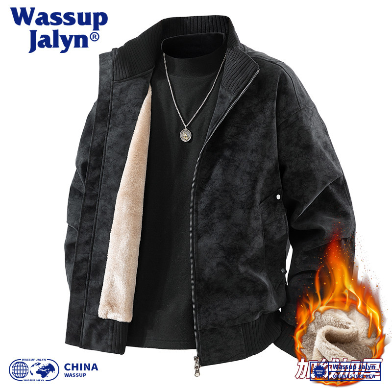 WASSUP JALYN美式立领扎染加绒PU皮衣外套男士秋冬加厚飞行皮夹克,男装,皮衣,淘宝优惠券,粉丝福利购,淘宝优惠卷
