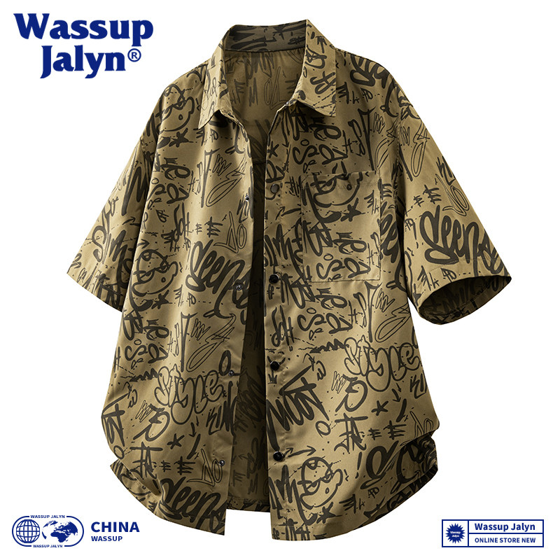 WASSUP JALYN潮牌夏季满印短袖衬衣男款宽松百搭透气休闲大码上衣