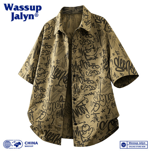 WASSUP JALYN潮牌夏季满印短袖衬衣男款宽松百搭透气休闲大码上衣