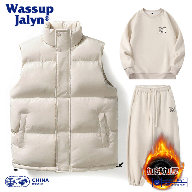 WASSUP JALYN秋冬马甲套装男羽绒棉服百搭加厚情侣坎肩马夹三件套
