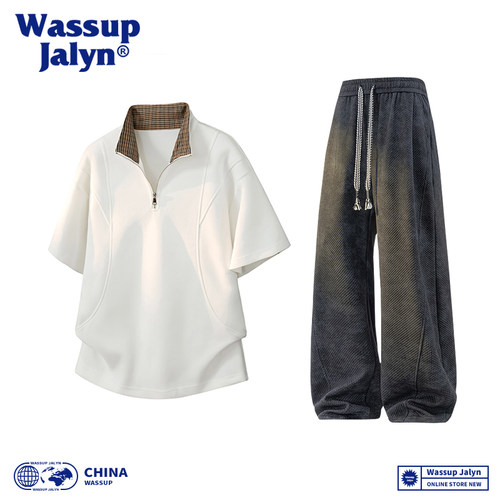 WASSUP JALYN半拉链两件套短袖POLP衫夏季设计感潮流休闲长裤套装