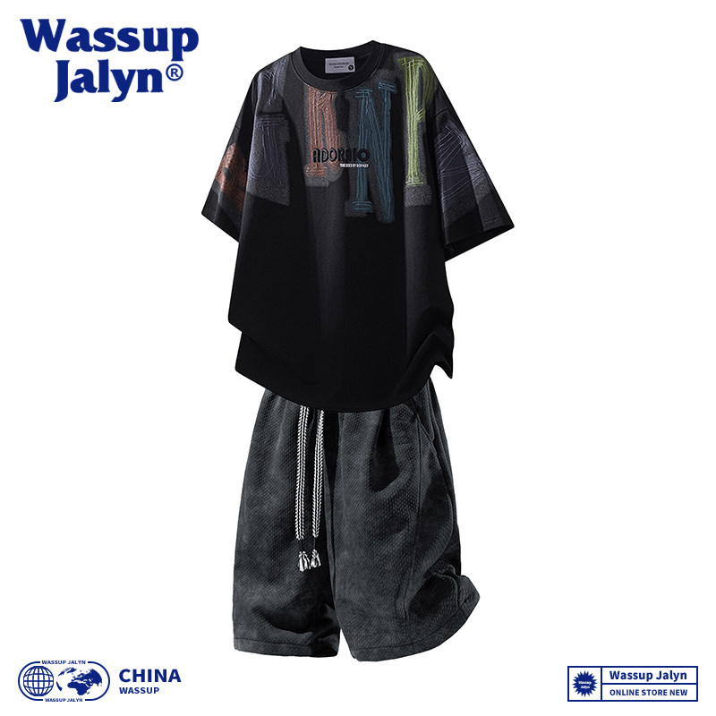 WASSUP JALYN潮牌套装男款美式短袖t恤夏季冰丝宽松时尚短裤上衣