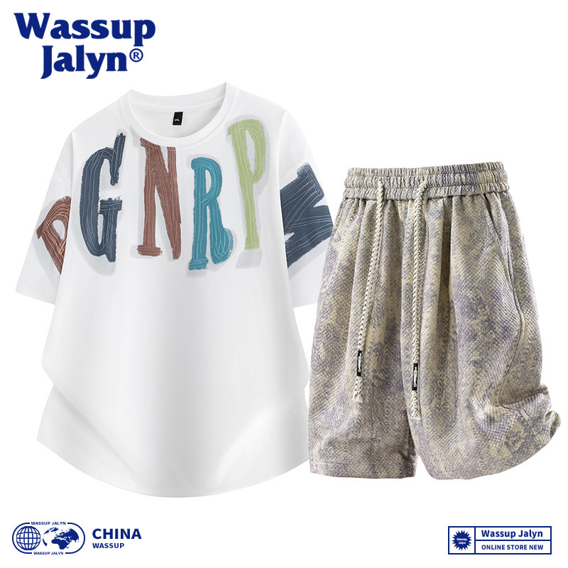 WASSUP JALYN潮牌运动套装男美式休闲短袖T恤夏季工装短裤两件套