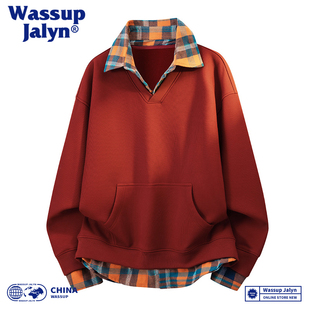 WASSUP JALYN美式重磅华夫格假两件卫衣男女秋冬潮牌情侣外套上衣