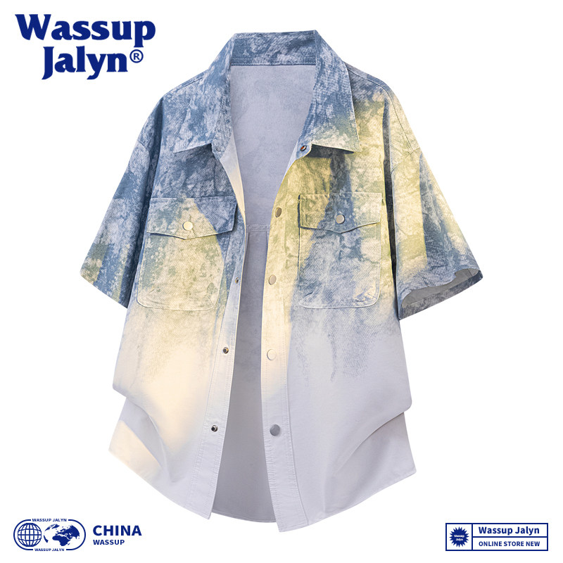 WASSUP JALYN扎染渐变短袖衬衫潮牌男夏季新款美式工装高街风上衣图片