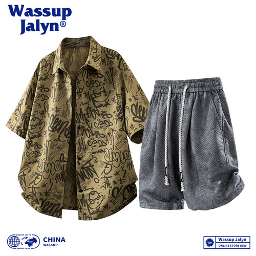 WASSUP JALYN潮牌套装男夏季短袖衬衫男士轻奢运动短裤男款两件套