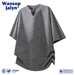 WASSUP JALYN扎染V领短袖T恤男男夏季新款潮牌宽松百搭半袖上衣潮