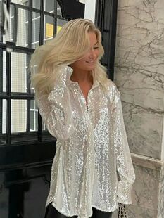 Sequin lapel loose long-sleeved shirt   亮片翻领宽松长袖衬衣