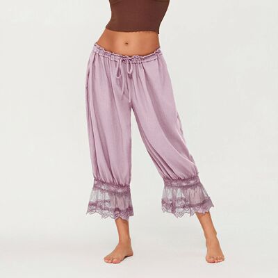 松紧腰蕾丝花边阔腿休闲女裤